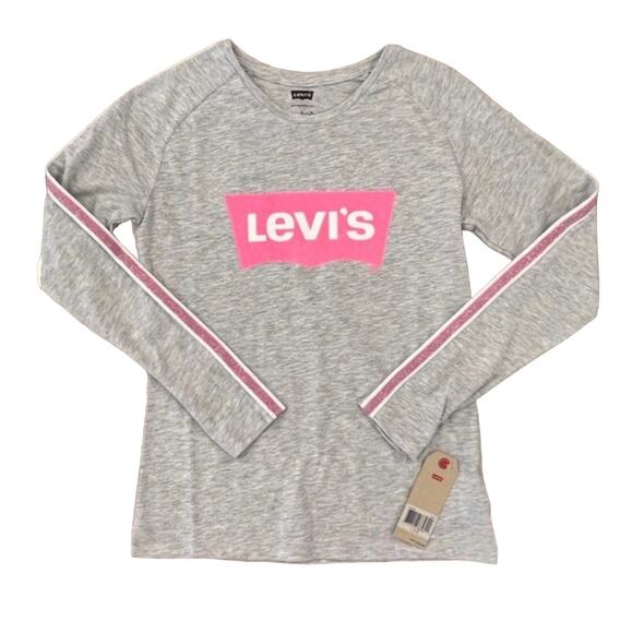 NWT Levi's Girls Grey W/ Pink and White Racer-Stripe Long Sleeve Tee - L 12/13 - Picture 1 of 7